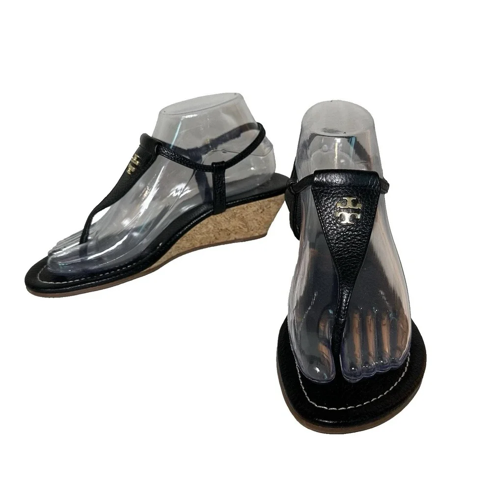 Tory Burch SIZE 7.5 Britton Black Leather Thong Wedge Sandals Cork Heels Logo